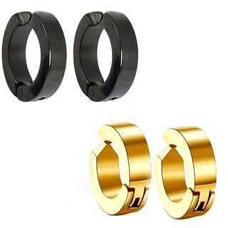 Men Style Fashion Punk Non-Piercing Ear mens jewelry(2 Pairs) SEr005049 Black and Gold Stainless Steel Round Clip on Earring Men and Women