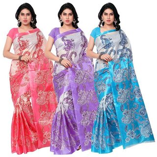 Pack of 3 SVB Saree Multicolor Art Silk Block Print Saree Without Blouse