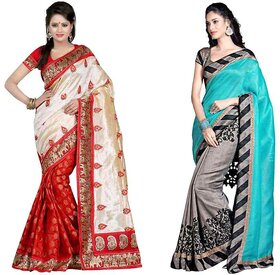 Pack of 2 Sharda Creation Multicolor Art Silk Block Print Casual Sarees With Blouse