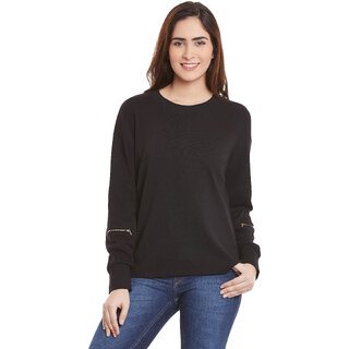 Miss Chase Women's Black Round Neck 3/4th Sleeves Basic Solid/Plain Top