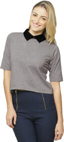Miss Chase Women's Gray Shirt Collar 3/4th Sleeves Crop Tops Solid/Plain Top