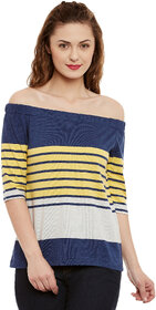 Miss Chase Women's Multicolor Square Neck 3/4th Sleeves Off Shoulder Striped Top