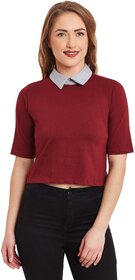 Miss Chase Women's Red Round Neck Half Sleeves Crop Tops Solid/Plain Top