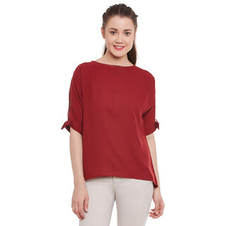                       Miss Chase Women's Maroon Round Neck Half Sleeves Drawstring Tops Solid/Plain Top                                              