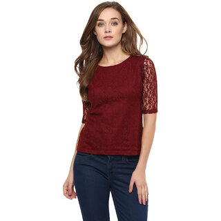                       Miss Chase Women's Maroon Round Neck Half Sleeves Basic Solid/Plain Top                                              