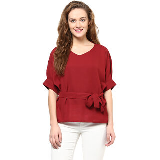                       Miss Chase Women's Maroon V-Neck Half Sleeves Drawstring Tops Solid/Plain Top                                              