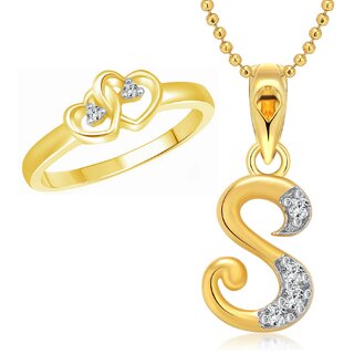 Vighnaharta Dual Heart Ring with Initial ''S'' Letter Pendant Gold and Rhodium Plated Jewellery Combo set