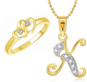 Vighnaharta Dual Heart Ring with Initial ''K'' Letter Pendant Gold and Rhodium Plated Jewellery Combo set
