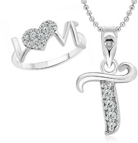 Vighnaharta LOVE Ring with Initial ''T'' Alphabet Pendant Rhodium Plated Jewellery Combo set