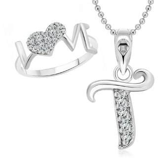 Vighnaharta LOVE Ring with Initial ''T'' Alphabet Pendant Rhodium Plated Jewellery Combo set