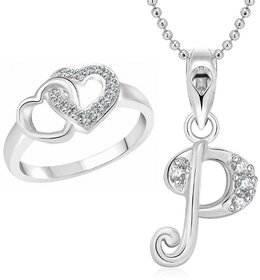 Vighnaharta Hum Tum Heart Ring with Initial Alphabet ''P'' Pendant Rhodium Plated Jewellery Combo set