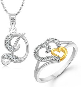Vighnaharta White Couple Heart  Ring with Initial Alphabet ''D'' Pendant Silver and Rhodium Plated Jewellery Combo set