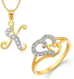 Vighnaharta Couple Heart  Ring with Initial Letter ''K'' Pendant Gold and Rhodium Plated Jewellery Combo set