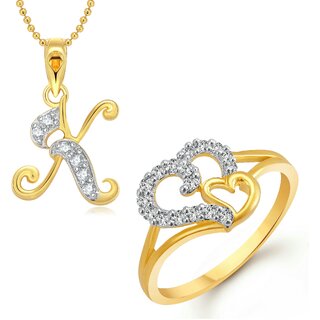 Vighnaharta Couple Heart  Ring with Initial Letter ''K'' Pendant Gold and Rhodium Plated Jewellery Combo set