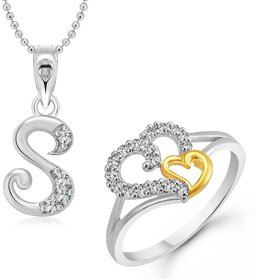 Vighnaharta White Couple Heart  Ring with Initial Alphabet ''S'' Pendant Silver and Rhodium Plated Jewellery Combo set