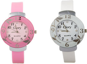 Glory Combo Of Two-Baby Pink And White Glory Circular Dial Watch For Women