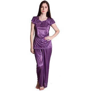                       Senslife Satin Purple Cap Sleeve Nightwear Sleepwear Night Suit Top  Pajama Set SL008A                                              