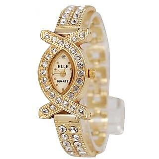                       Elle Oval Dial Golden Metal Strap Womens Watch                                              