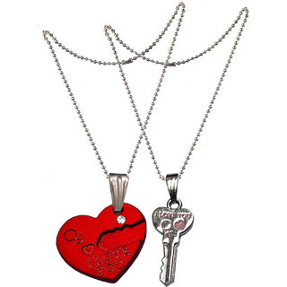 Men Style 1 Pair Romantic Couple I Love You Lock Key Broken Heart Lover Gift Red and Silver Zinc Alloy Heart Pendant For Men And Women