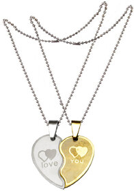 Men Style New Couple Lovers Heart For Friendship Gift (2 pieces - his and her) Gold and Silver Stainless Steel Heart Pendant