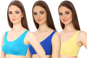Hothy Women's Non-Padded Sports Bra (Cyan,Blue  Yellow Pack Of 3)