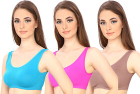 Hothy Women's Non-Padded Sports Bra (Cyan,Pink  Beige Pack Of 3)