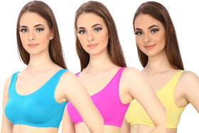 Hothy Women's Non-Padded Sports Bra (Cyan,Pink  Yellow Pack Of 3)