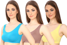 Hothy Women's Non-Padded Sports Bra (Cyan,Beige  Yellow Pack Of 3)