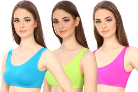 Hothy Women's Non-Padded Sports Bra (Cyan,Green  Pink Pack Of 3)