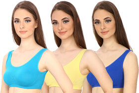 Hothy Women's Non-Padded Sports Bra (Cyan,Yellow  Blue Pack Of 3)