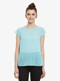 Women'S Mint Solid Round Neck Cap Sleeved Sheer Ruffled Top