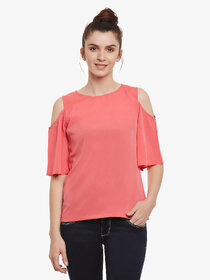 Women'S Pink Solid Round Neck Half Sleeve Cold Shoulder Top