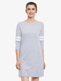 Women'S Grey Solid Round Neck 3/4 Sleeve Panelled Shift Dress