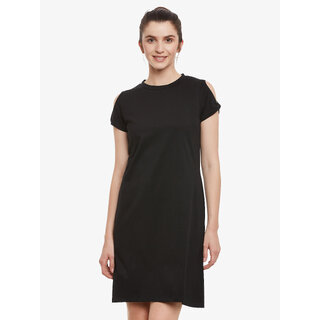 Women'S Black Solid Round Neck Half Sleeve Cold Shoulder Shift Dress