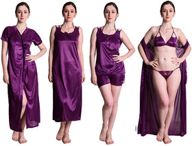Senslife Women's Satin Purple Sleepwear Nightwear Set 6pc Set Nighty with Robe, Top  Shorts, Bra  Thong SL002A
