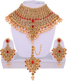Lucky Jewellery LCT Red Semi Bridal Dulhan Wedding & Engagement Necklace set With Mang Tikka