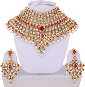 Lucky Jewellery Red Semi Bridal Dulhan Wedding & Engagement Necklace set With Mang Tikka