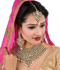 Lucky Jewellery White Semi Bridal Dulhan Wedding & Engagement Necklace set With Mang Tikka