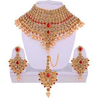 Lucky Jewellery LCT Red Semi Bridal Dulhan Wedding & Engagement Necklace set With Mang Tikka