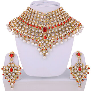 Lucky Jewellery Red Semi Bridal Dulhan Wedding & Engagement Necklace set With Mang Tikka