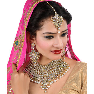 Lucky Jewellery White Semi Bridal Dulhan Wedding & Engagement Necklace set With Mang Tikka