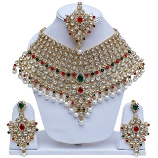 Lucky Jewellery Red Green Semi Bridal Dulhan Wedding & Engagement Necklace set With Mang Tikka