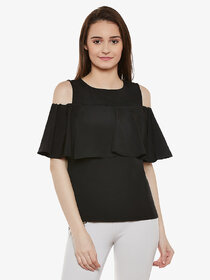 Miss Chase Women's Black Round Neck Sleeveless Solid Ruffled Cold Shoulder Top