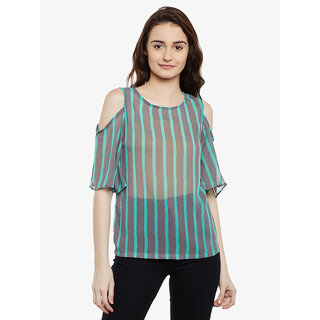                       Miss Chase Women's Grey & Mint Striped Round Neck Half Sleeve Sheer Cold Shoulder Top                                              