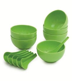 Green Plastic Round Shape Soup Bowls Set 6 Bowl and 6 Spoon, Microwave Safe for Home and Office Us