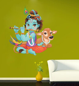 Eja Art Lord Krishna Flute Playing With Cow Multicolor Removable Decor Mural Wall Stickers Sticker