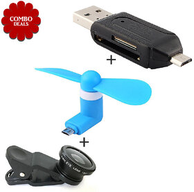 Combo of Smart OTG Cable V8 Fan 3 in 1 Camera Lens - Assorted Color