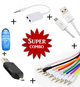 Combo of Aux Spliter Smart OTG Memory Card Reader V8 Micro USB Data Cable Aux Cable - Assorted Color