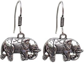 Lucky Jewellery Black Metal Silver Oxidised Elephant Design Earring