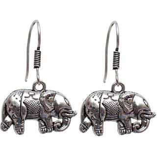 Lucky Jewellery Black Metal Silver Oxidised Elephant Design Earring